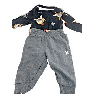 Hurley Baby Boy Shark Print Long Sleeve Bodysuit Pants Set Gray 6M Outfit